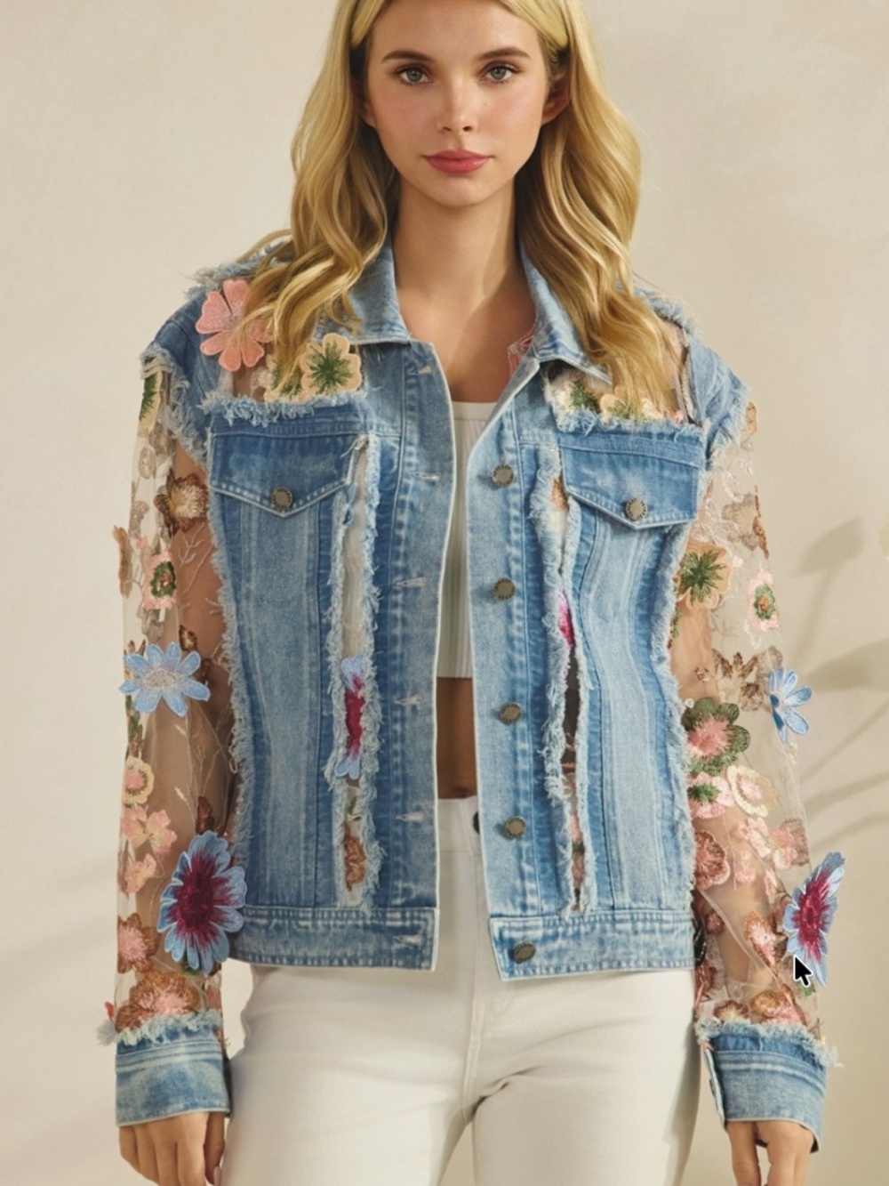 Western Floral Lace Appliqué Semi Sheer Button Down Frayed Jacket - Picture 10 of 10